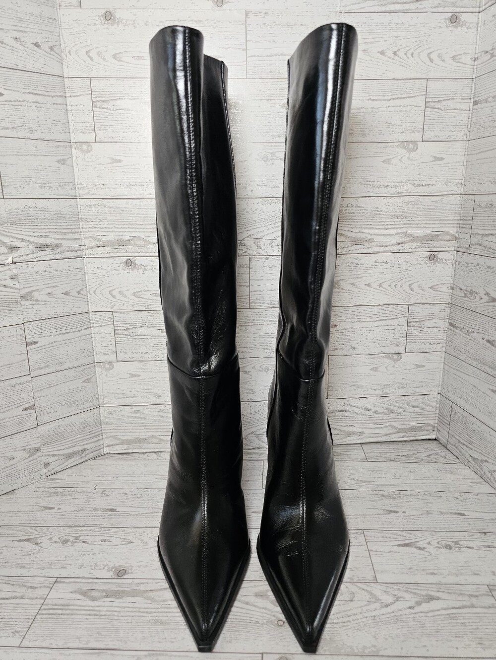 NWT Zara Women's Black Real Leather Knee High Boots - Pointed Toe Stiletto Heel - Picture 8 of 12